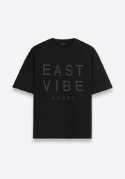 3D embroidered black T-shirt on plain background, East Vibe